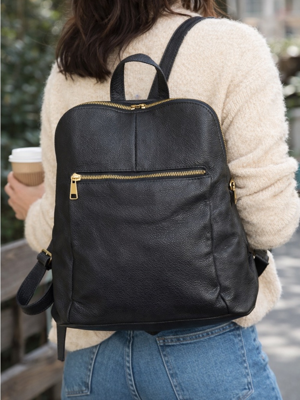 Black Genuine Leather Backpack Slouchy Minimalist Gold Zipper Everyday Bag